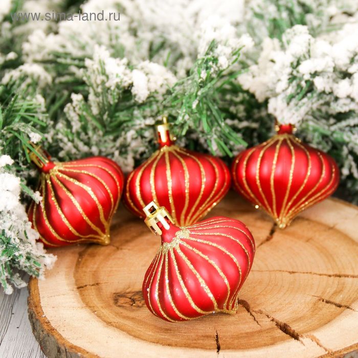 Украшение ёлочное "Луковица" (набор 4 шт) 5,5 см красный - Фото 1
