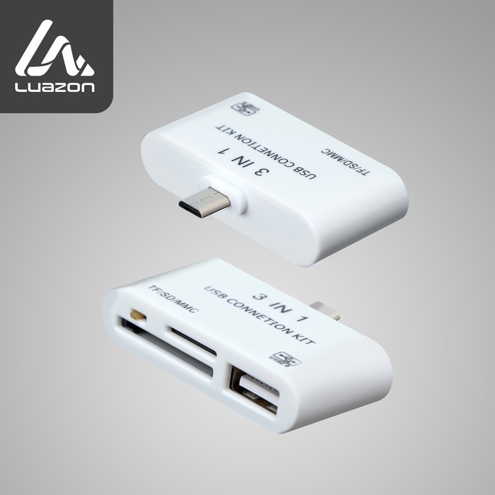 Картридер-OTG LuazON LNCR-100, адаптер microUSB, разъемы USB, microSD, SD, белый - Фото 1