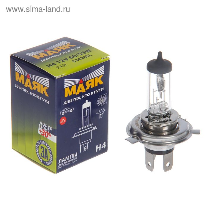 Лампа автомобильная Маяк Super Light+30%, H4, 12 В, 60/ 55 Вт - Фото 1
