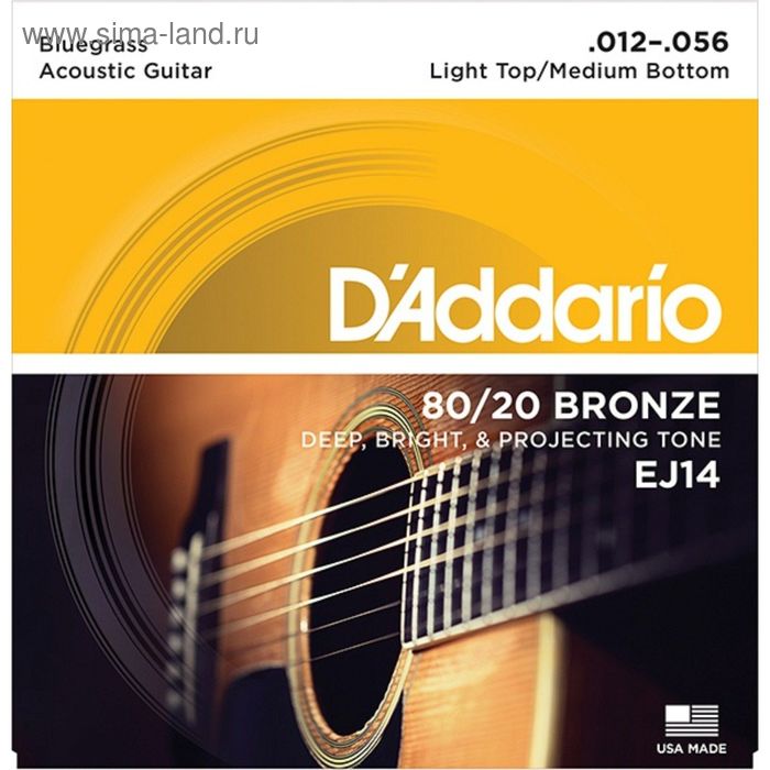 Струны для акустической гитары D`Addario EJ14 Bronze 80/20 , 12-56, Light Top/Medium - Фото 1