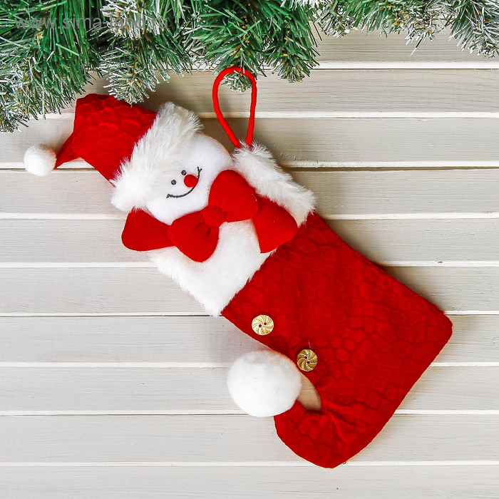 Носок для подарков "Помпошка" Снеговик, 12х26 см, красный - Фото 1