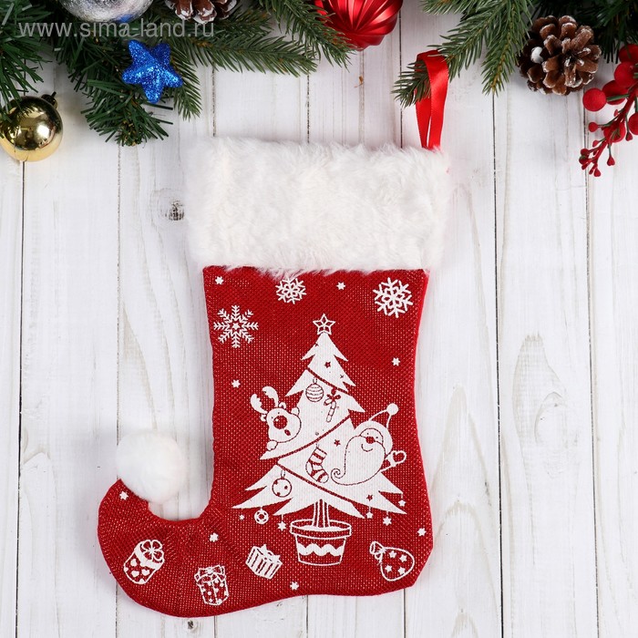 Носок для подарков "Волшебство" ёлочка с подарками, 18х25 см, бело-красный - Фото 1