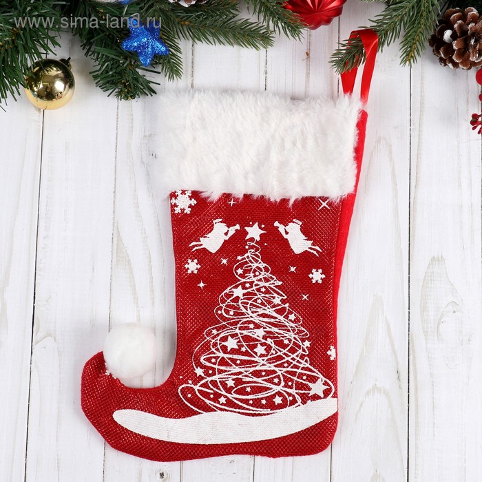 Носок для подарков "Волшебство" ёлочка, 18х25 см, бело-красный - Фото 1