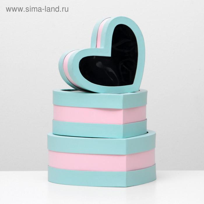 Набор коробок в форме сердца 3 в 1 "Сердце" с окном, голубой, 29 х 27 х 12 - 21 х 19 х 10 см - Фото 1