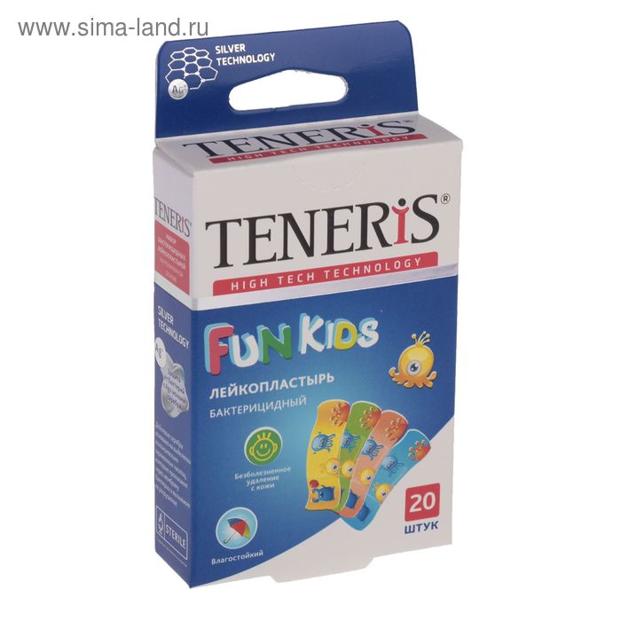 Лейкопластырь бактерицидный Teneris "Fun Kids" с ионами серебра на полимерной основе. 20 шт - Фото 1