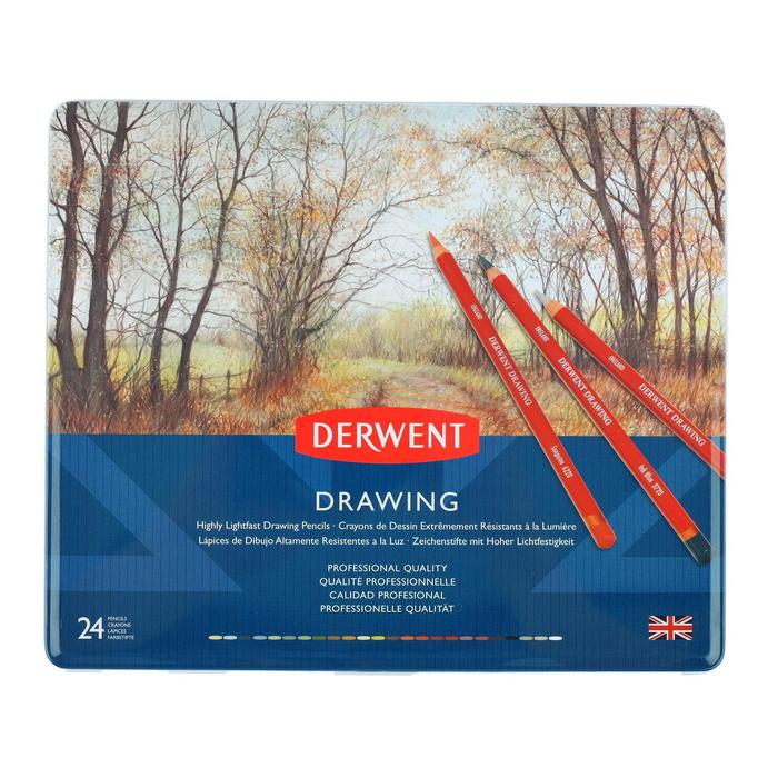 Карандаши художественные цветные, Derwent Drawing 24 цветов, в металлической коробке - Фото 1