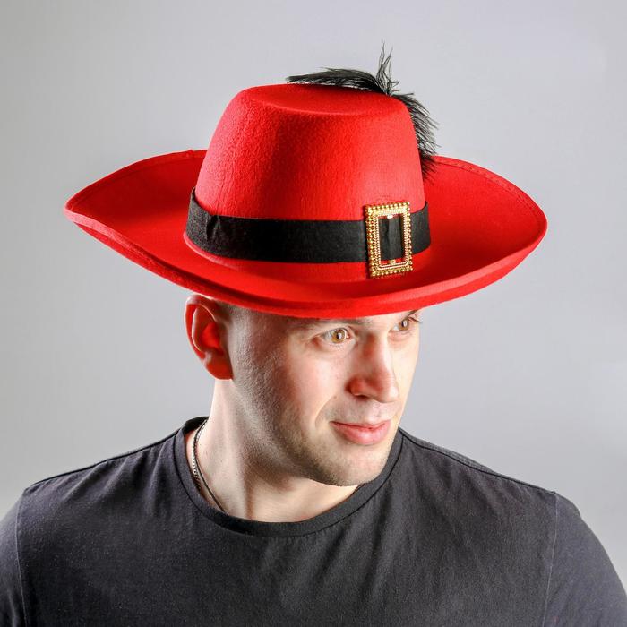 Карнавальная шляпа с пером и лентой, р-р. 56-58, цвет красный - Фото 1