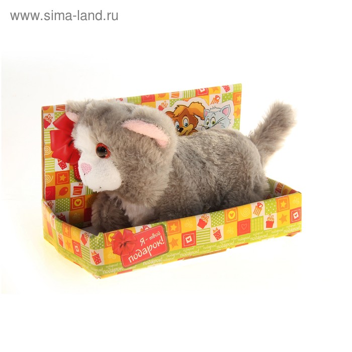 Мягкая игрушка интрактивная "Котенок" серый, мордочка белая, в коробке - Фото 1