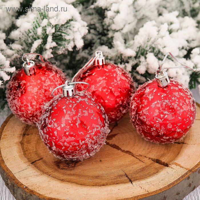 Набор шаров пластик d-6 см, 4 шт "Снег" красный - Фото 1