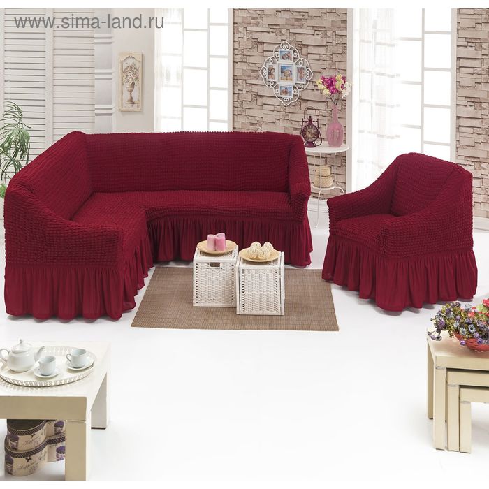 Чехол для мягкой мебели DO&CO, диван угловой 2-х предметный, кресло 1шт, цвет бордовый - Фото 1