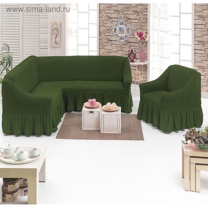 Чехол для мягкой мебели DO&CO, диван угловой 2-х предметный, кресло 1шт, оливковый, п/э - Фото 1
