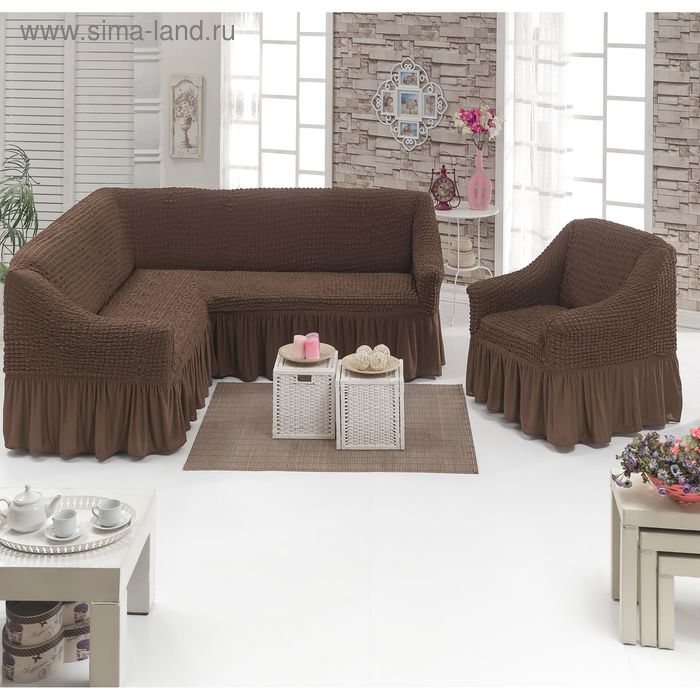 Чехол для мягкой мебели DO&CO, диван угловой 2-х предметный, кресло 1шт, шоколадный, п/э - Фото 1