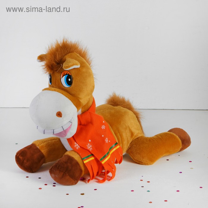 Мягкая игрушка "Лошадь" в шарфике со снежинками, большая, улыбка лежит, цвета МИКС - Фото 1