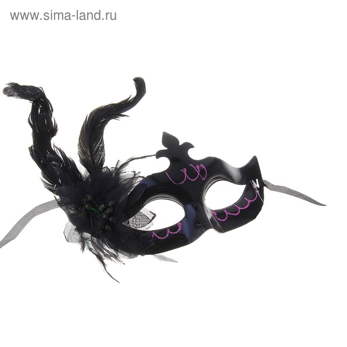 карнавал маска черная с цветком перьями 10*18 - Фото 1