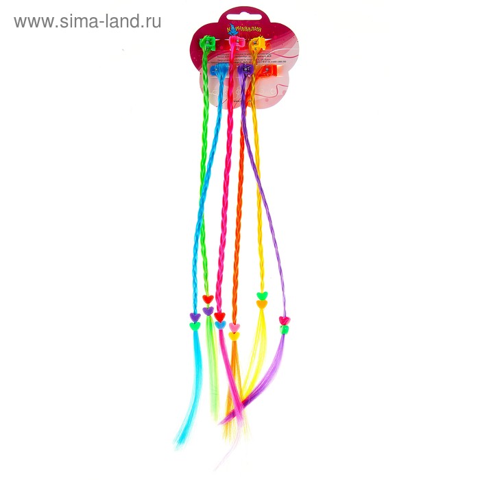 Карнавальный зажим "Косичка" с сердечками, набор 6 шт, цвета МИКС - Фото 1