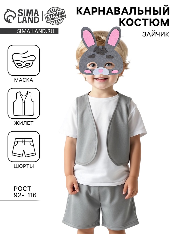 Карнавальный костюм «Зайчик», жилет, шорты, маска фетр, рост 92-116 см - Фото 1