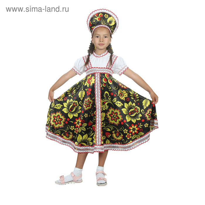 Русский народный костюм "Хохлома", платье, кокошник, цвет чёрный, р-р 32, рост 122-128 см