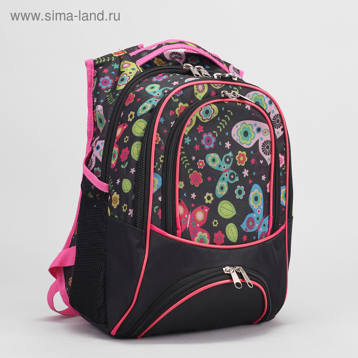 Рюкзак школьный на молнии, 2 отдела, наружный карман, отдел для обуви, цвет чёрный/разноцветный - Фото 1