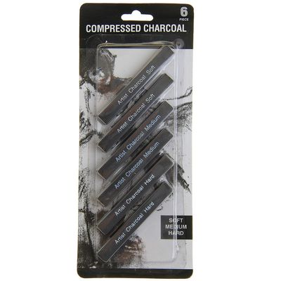 Уголь прессованный для рисования, чёрный, 6 штук в наборе (мягкий, средний, твёрдый)