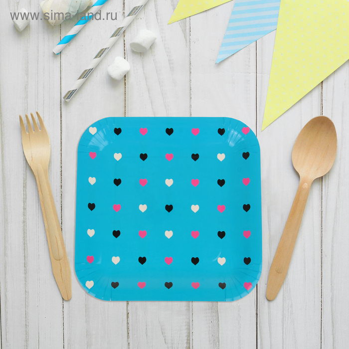 Набор бумажных тарелок "цветные сердечки" голубой цвет, (6 шт), 23 см - Фото 1