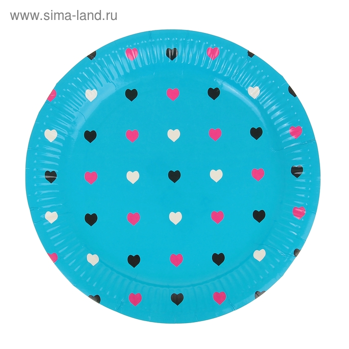Набор бумажных тарелок "Цветные сердечки" голубой цвет, (6 шт), 23 см - Фото 1