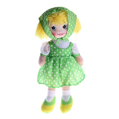Мягкая игрушка кукла "Ксюша" зеленое платье, косынка в горох