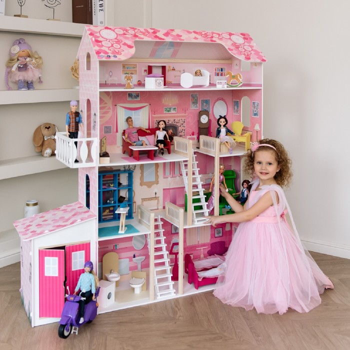 Деревянный дом для кукол «Нежность», (28 предметов мебели, 2 лестницы, гараж) - фото 1906873198