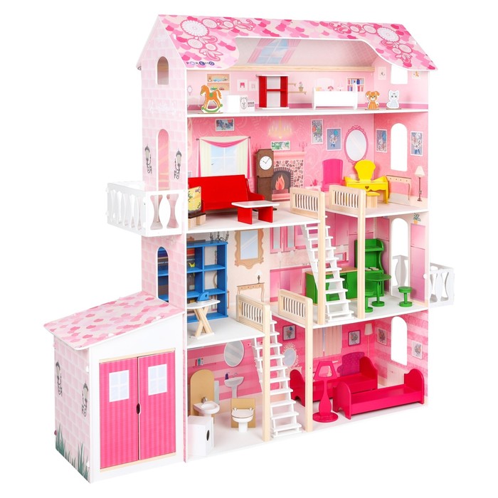 Деревянный дом для кукол «Нежность», (28 предметов мебели, 2 лестницы, гараж) - фото 1906873207
