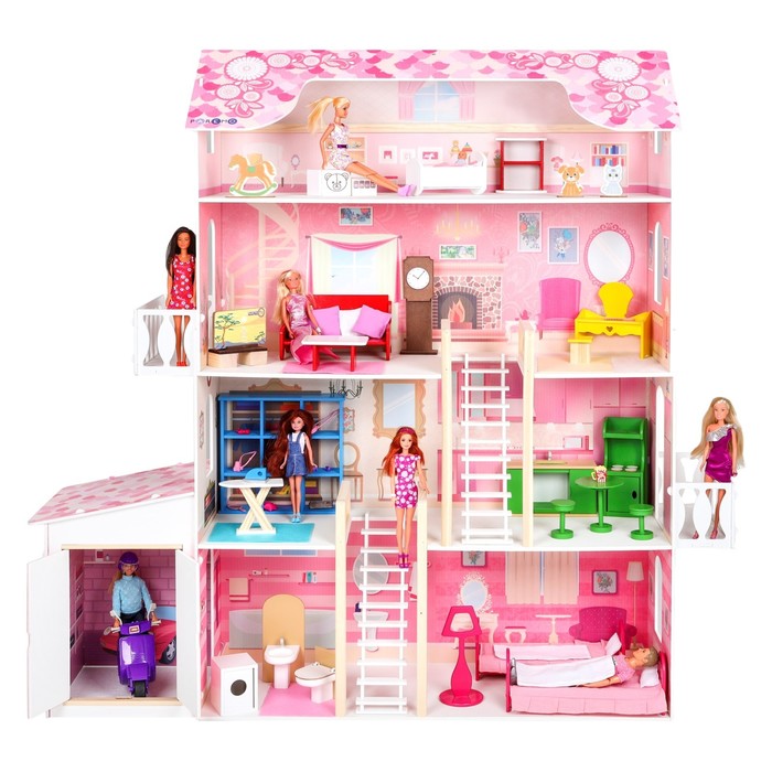 Деревянный дом для кукол «Нежность», (28 предметов мебели, 2 лестницы, гараж) - фото 1906873208