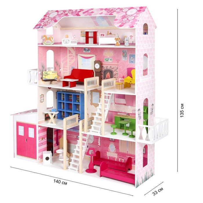 Деревянный дом для кукол «Нежность», (28 предметов мебели, 2 лестницы, гараж) - фото 1906873211