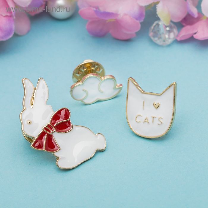 Набор значков "Кролик, кошка, облачко", цвет бело-красный в золоте - Фото 1