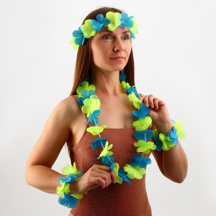Гавайский набор "Цветочки", ( ожерелье, венок 2 браслета), цвет зеленый - Фото 1