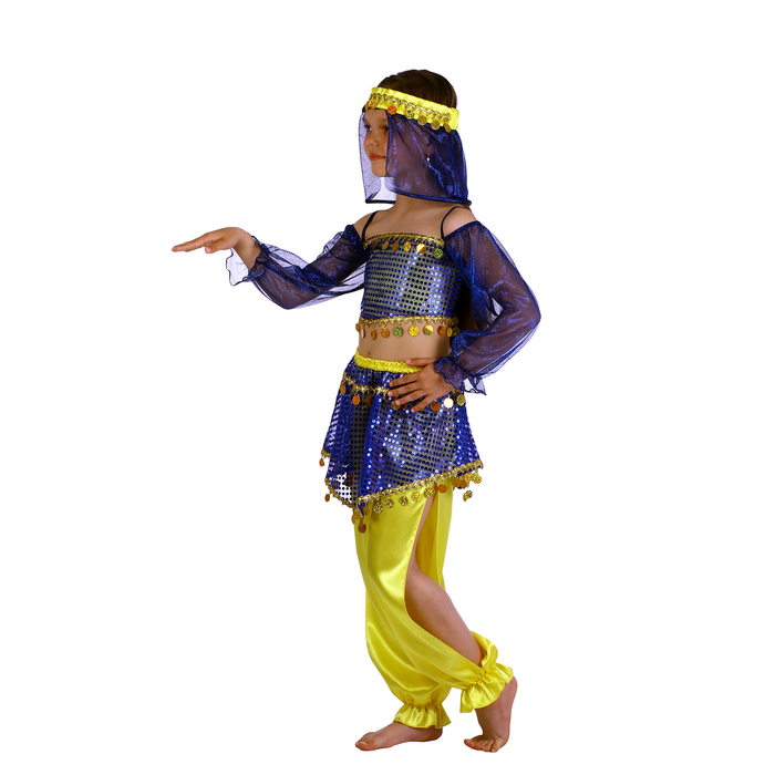 Карнавальный костюм "Восточная красавица. Шахерезада", топ с рукавами, штаны, повязка, цвет сине-жёлтый, р-р 28, рост 98-104 см - фото 1883317869