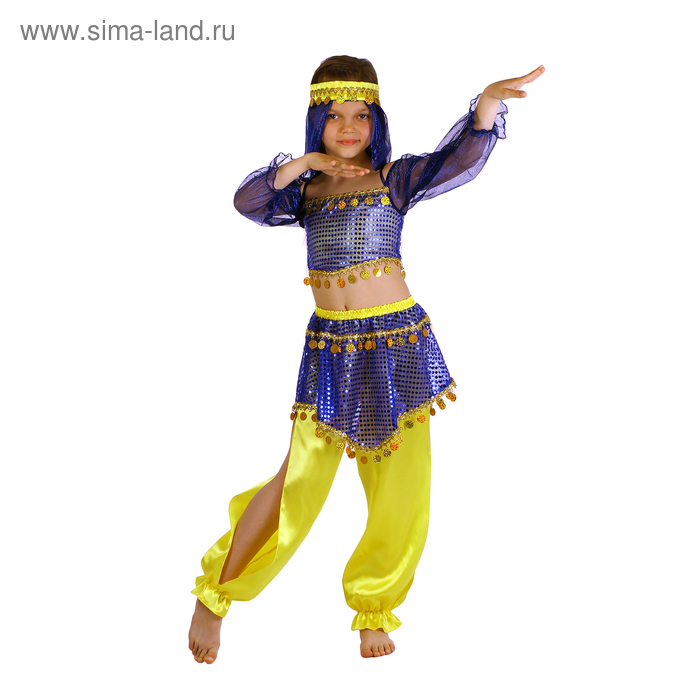 Карнавальный костюм Восточная красавица. Шахерезада, топ с рукавами, штаны, повязка, цвет сине-жёлтый, р-р 32, рост 122-128 см