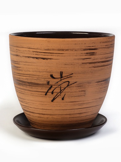 Горшок для цветов «Восток», керамический, с поддоном, 5 л, коричневый с иероглифом