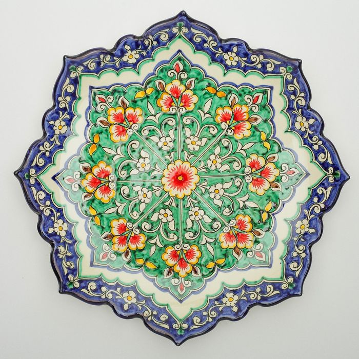 Ляган Риштанская Керамика "Цветы", 32 см, сине-зелёный, рифлённый - фото 1883318167