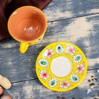 Чайная пара Риштанская Керамика "Цветы", 100 мл, (тарелка 10см, чашка 7,5см), жёлтая - Фото 2