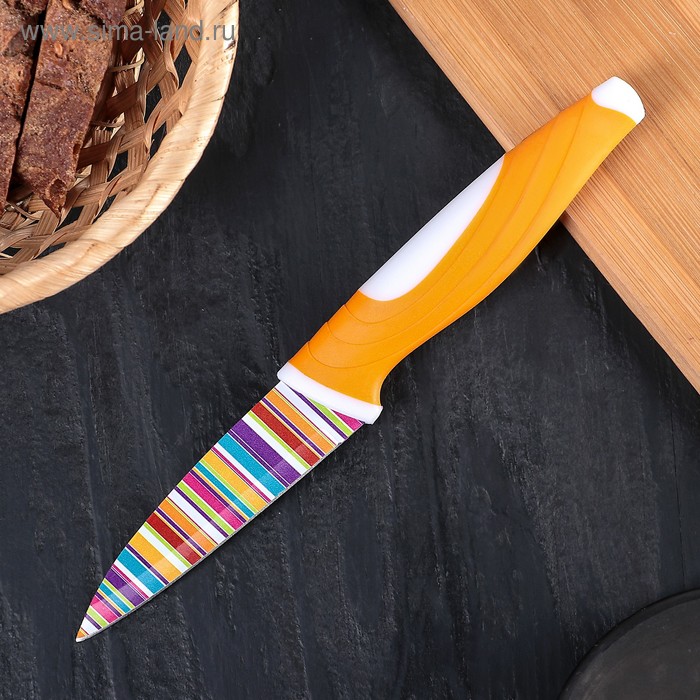 Нож кухонный с антиналипающим покрытием «Полосы», лезвие 8,5 см, цвет МИКС - Фото 1