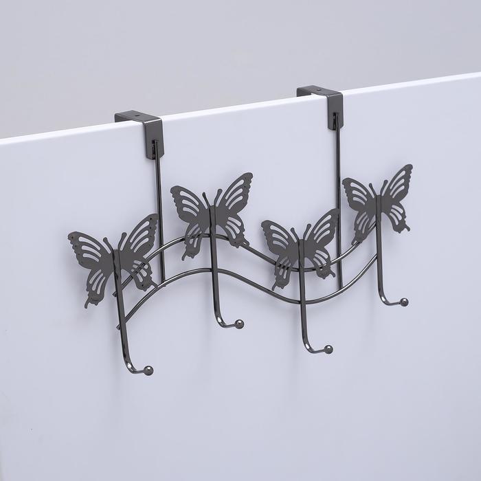 Вешалка на дверь на 4 крючка Доляна «Бабочки», 38×10×24 см, цвет чёрный - Фото 1