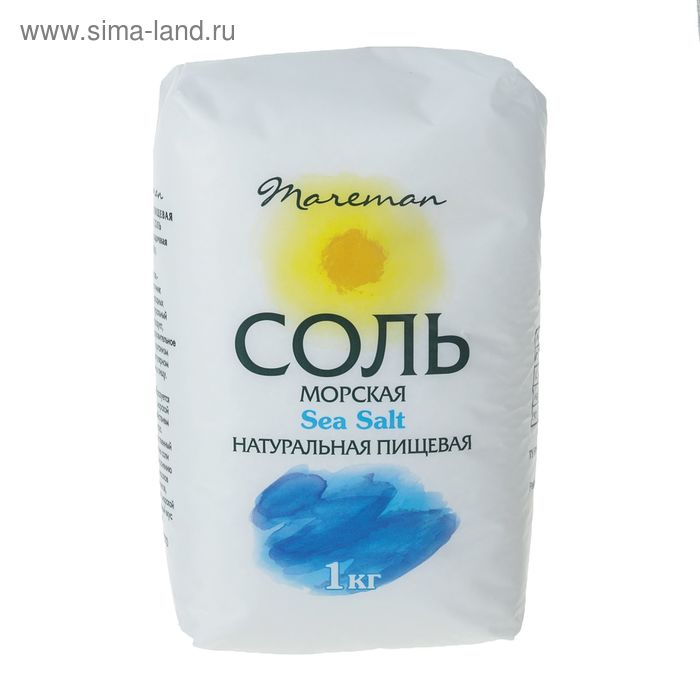 Соль морская натуральная пищевая, средняя (помол №1) Mareman, 1 кг - Фото 1