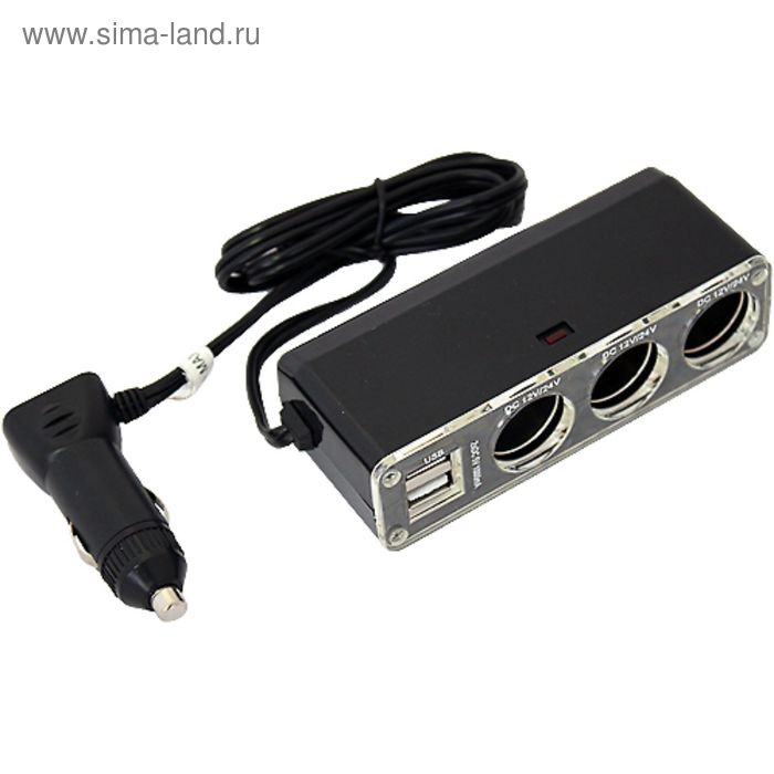 Разветвитель прикуривателя на 3 гнезда 8А и 2 USB, 12/24В, 2А - Фото 1