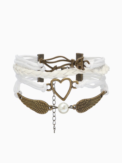 Браслет кожаный «Сердце, кошка и крылья», L=17 см, белый