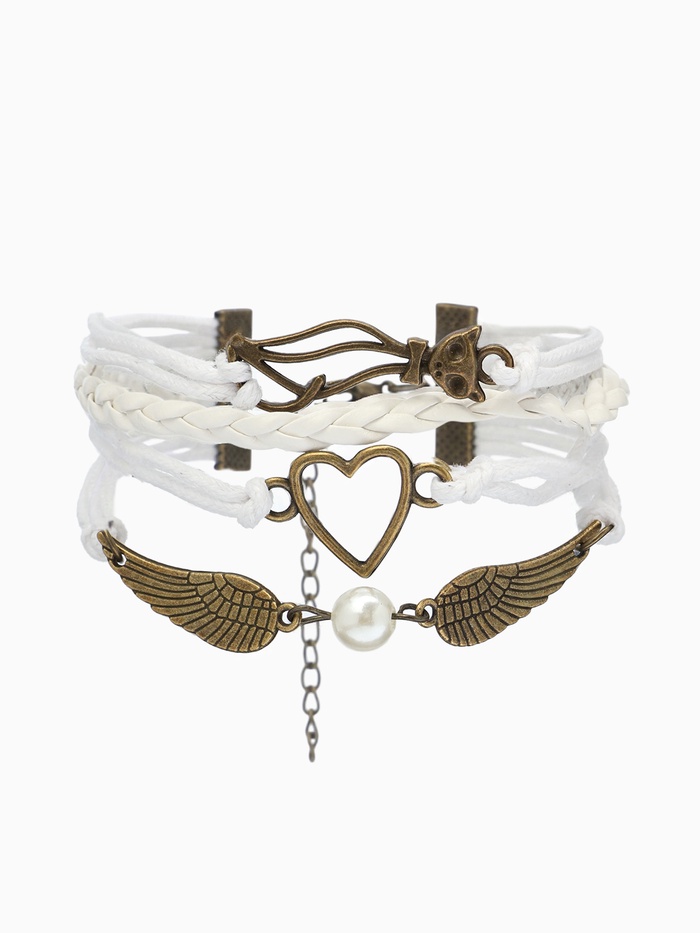 Браслет кожаный «Сердце, кошка и крылья», L=17 см, белый - Фото 1