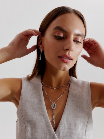 Гарнитур 2 предмета: кулон, серьги «Жаклин» дуэт, овал, цвет белый в серебре, 45 см