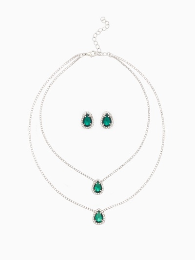 Набор 2 предмета: серьги, колье «Жаклин» дуэт, капля, цвет бело-изумрудный в серебре, 45 см