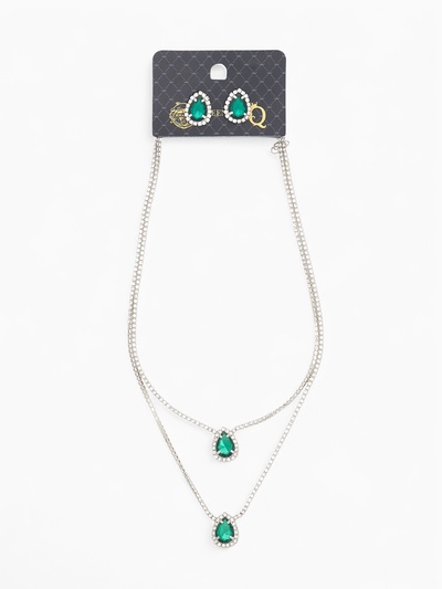 Набор 2 предмета: серьги, колье «Жаклин» дуэт, капля, цвет бело-изумрудный в серебре, 45см