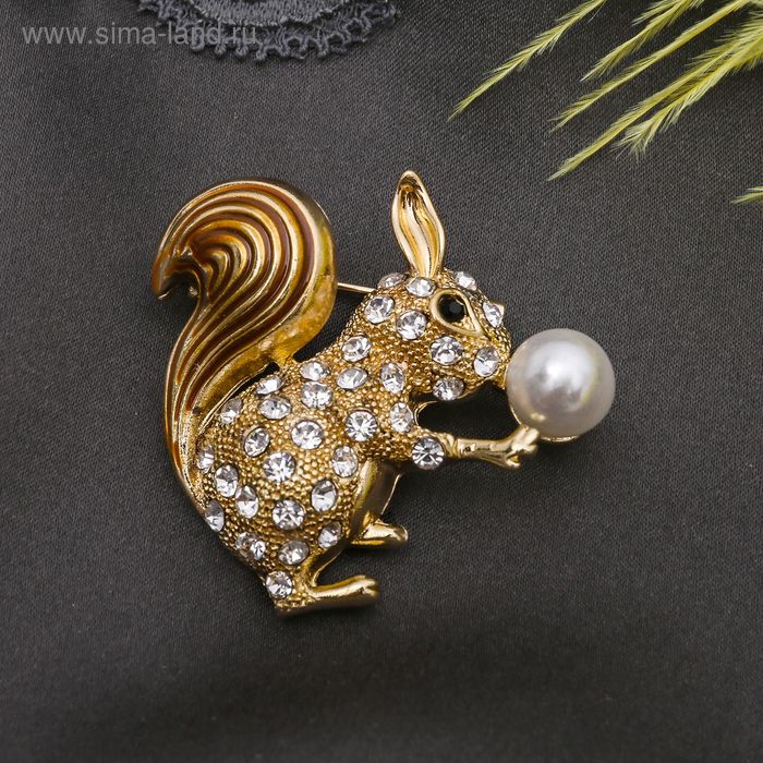 Брошь «Белочка» с бусиной, цвет белый в золоте - Фото 1