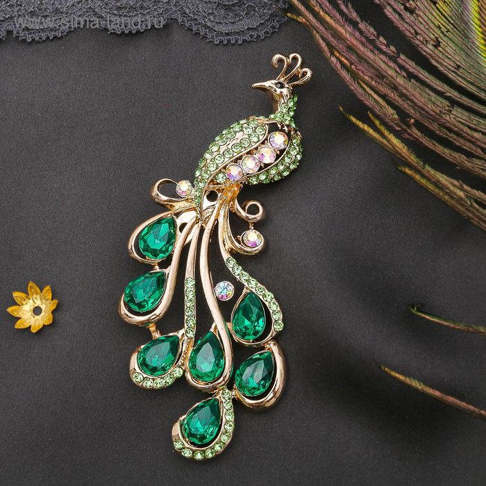 Брошь «Жар-птица» волшебная, цвет изумрудный в золоте - Фото 1