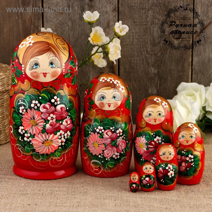 Матрёшка «Глафира», поднос с цветами, 7 кукол, красная - Фото 1