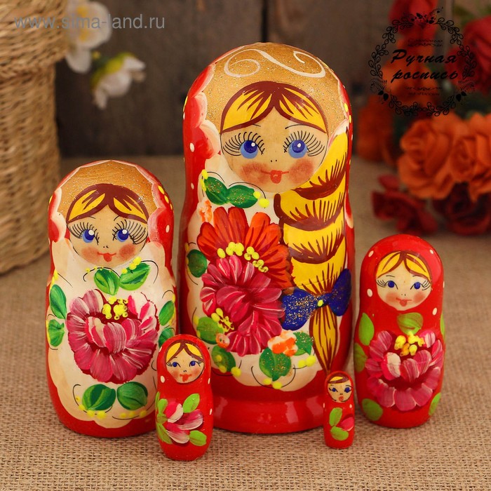 Матрёшка «Русая коса», красный платок, 5 кукольная, 15 см - Фото 1
